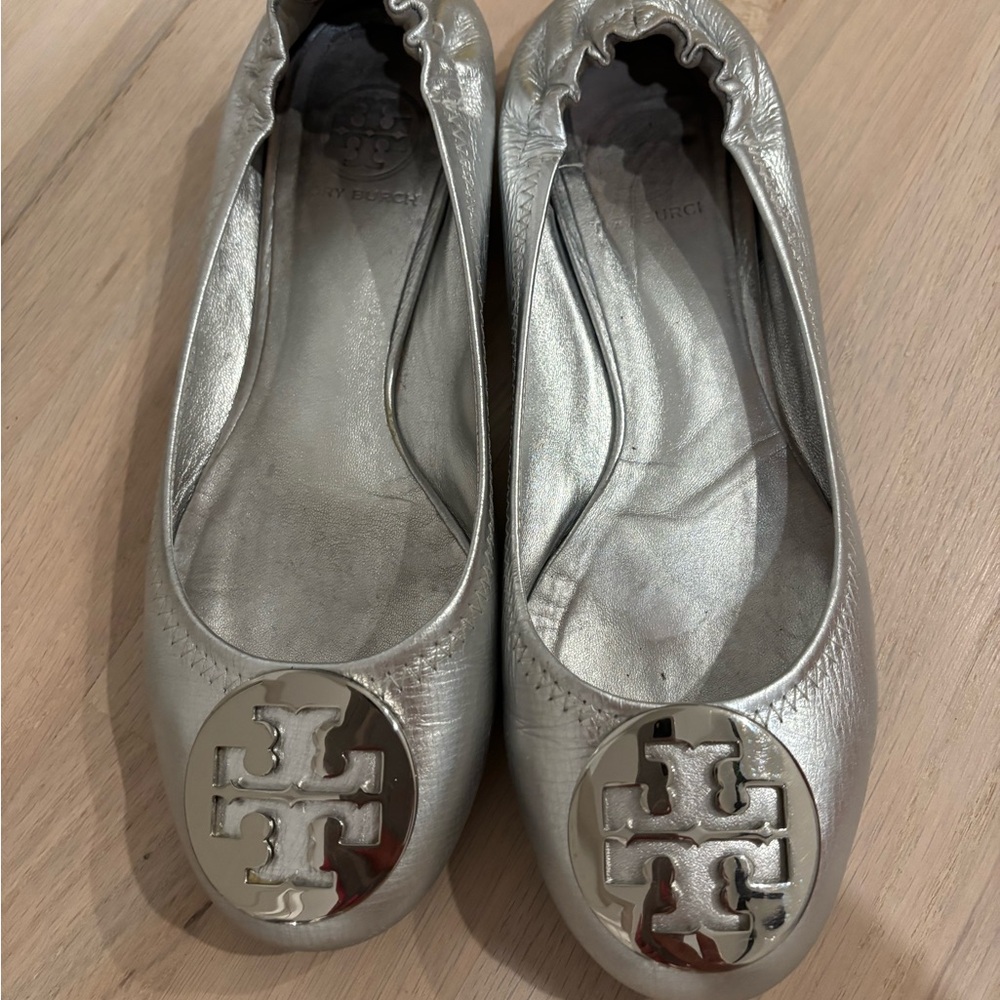 Tory Burch Metallic Silver Flats
